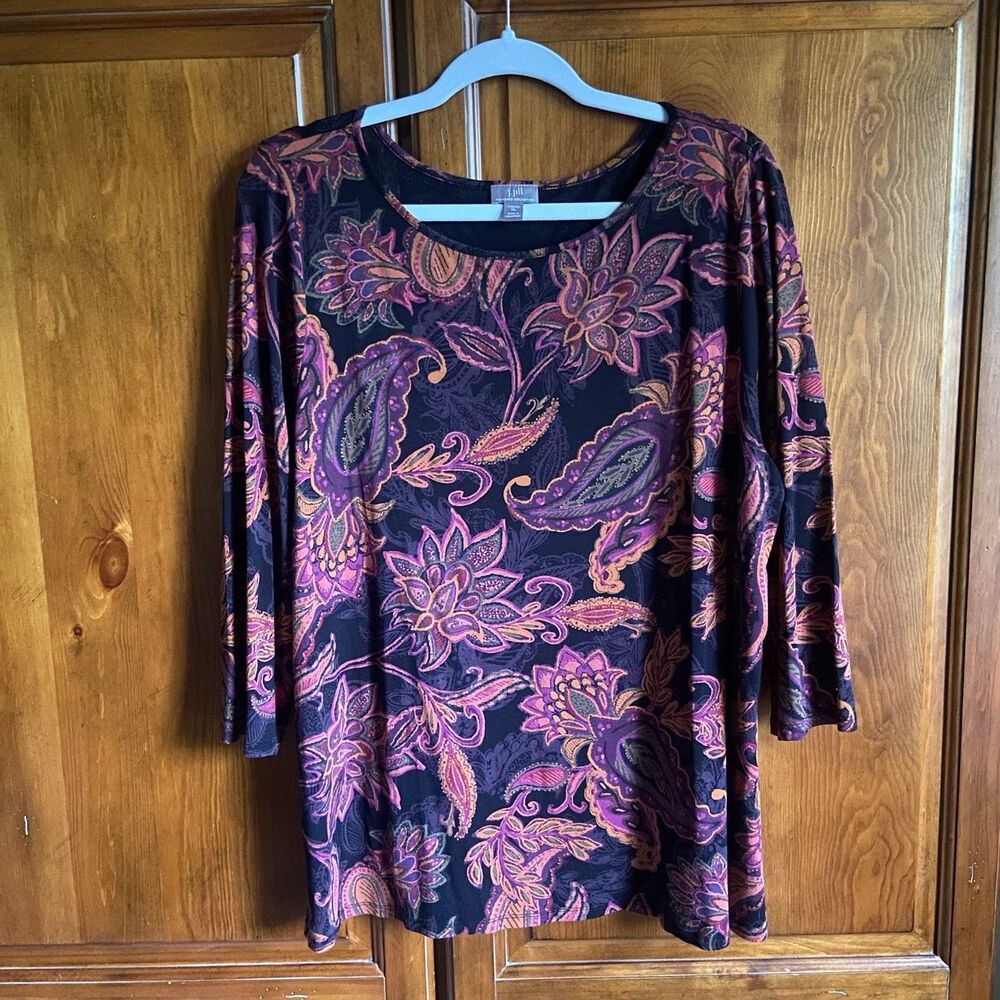 J. Jill Knit 3/4 Sleeve Tunic Top Size XL Paisley Purple/Black Boho Whimsygoth